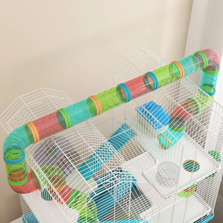 PawHut 4 Tier Hamster Cage w/ Tubes, Exercise Wheel, Hut, Water Bottle, Food Dish, Ramps, for Dwarf Hamster, Light Blue