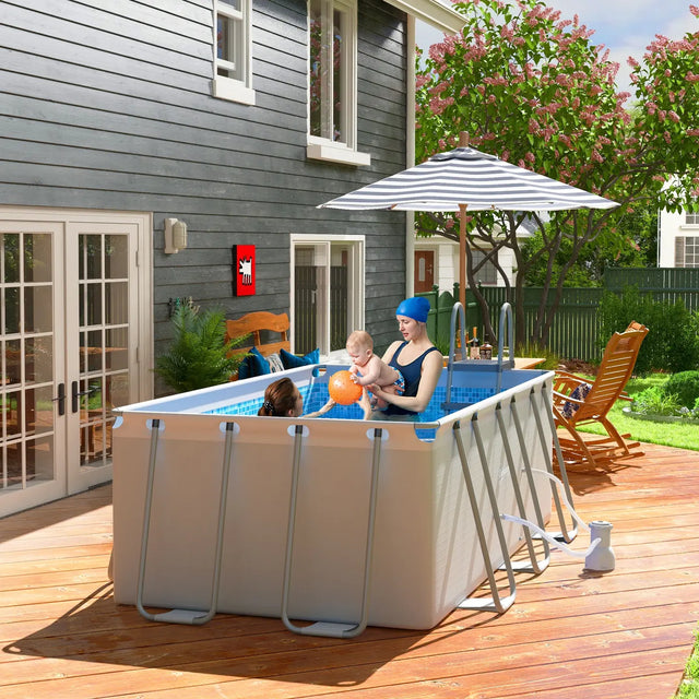 Outsunny Rectangle Steel Frame Swimming Pool with Ladder and Pump - Grey