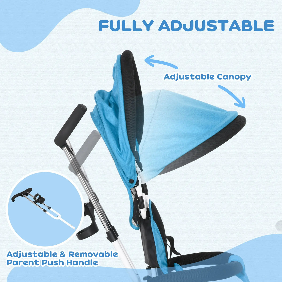 HOMCOM 6 in 1 Kids Trike Push Bike w/ Push Handle, Canopy, 5-point Seat Belt, Storage, Footrest, Brake, for 1-5 Years, Blue