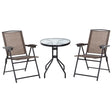 Outsunny 3 Piece Outdoor Bistro Set, Patio Conversation Furniture Set with 2 Folding Backrest Adjustable Armchairs and Glass Top Coffee Table, Brown