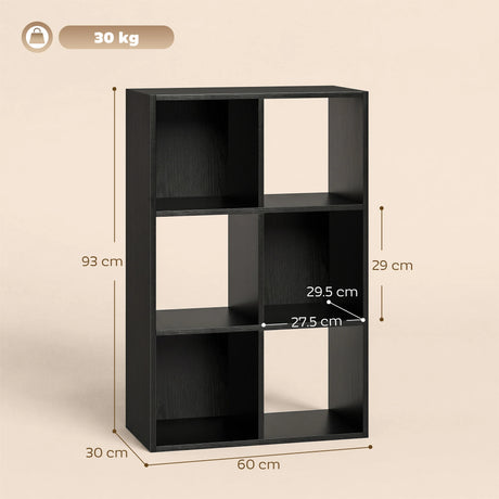 HOMCOM Industrial Style Storage Shelf, Bookcase, Bookshelf with 6 Compartments, for Living Room, Home Study, Black Wood Effect