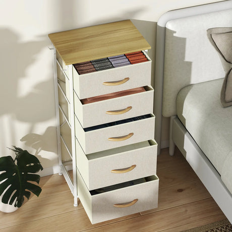 HOMCOM Chest of Five Fabric Drawers - Beige