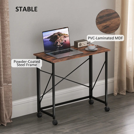 HOMCOM 80 cm Folding Desk on Wheels - Rustic Brown