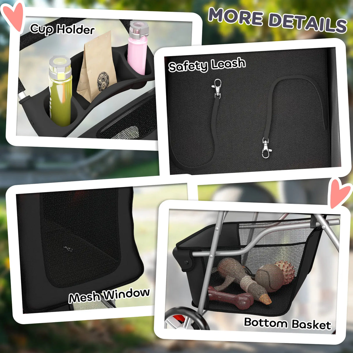 PawHut Dog Pram, Pet Stroller with Reflective Strips, Foldable Cat Stroller with 360 Swivel Wheels, Black