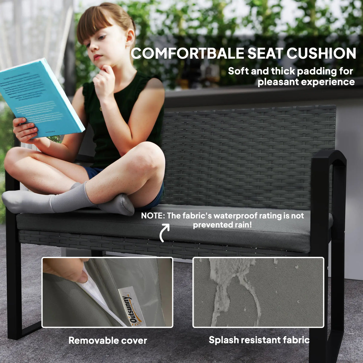 Outsunny Two-Seater Rattan Garden Bench - Grey/Black