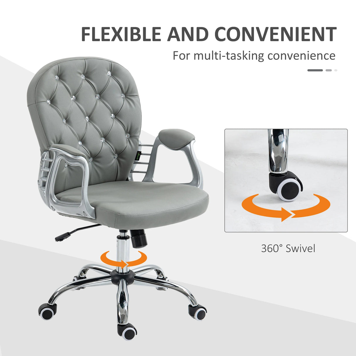 Vinsetto Office Chair Ergonomic 360 Swivel PU Diamante Padded Base 5 Castor Wheels for Home Work Grey