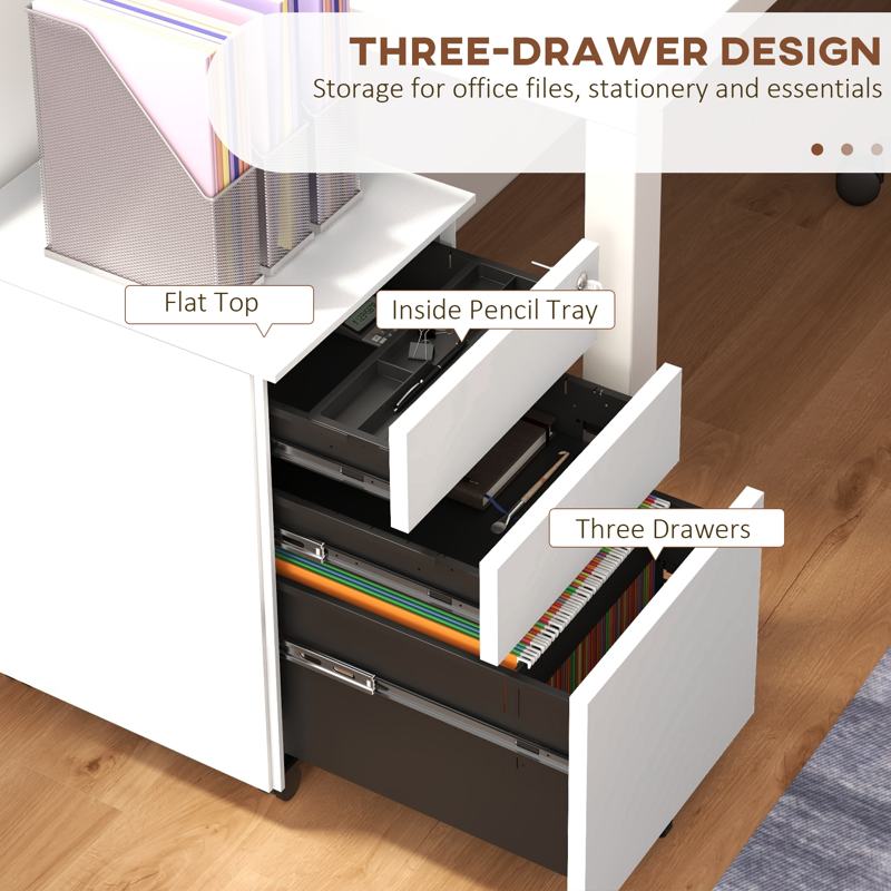 Vinsetto 3-Drawer Vertical Filing Cabinet with Pencil Tray, Lock and 5 Wheels, Steel Mobile File Cabinet, for A4, Legal and Letter Size, Pre-Assembled Body, White