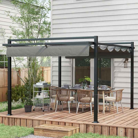 Outsunny 3 x 4m Retractable Pergola, Garden Gazebo Shelter with Aluminium Frame, for Grill, Patio, Deck, Dark Grey