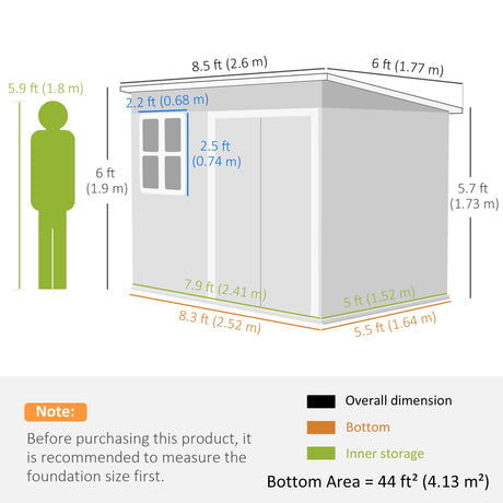 Outsunny 8.5 x 6ft Storage Shed Galvanised Steel Garden Shed, Metal Shed with Foundation Kit, Window, Lockable Wide Doors and Air Vents for Outdoor Patio, Dark Grey