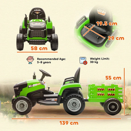 AIYAPLAY 12V Ride on Tractor and Trailer with Remote Control, Music, Shifter, Start-Up Sound, for Kids Ages 3-8 Years, Green