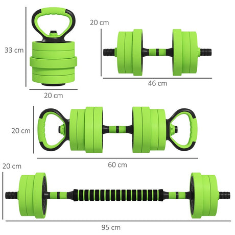 SPORTNOW 20kg Four-In-One Adjustable Weight Dumbbells Set, Barbell, Kettlebell, Push Up Stand - Green