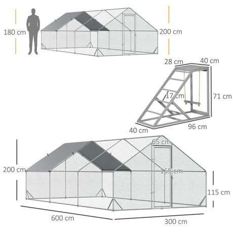 PawHut Walk-in Galvanised Steel Chicken Run with Chicken Activity Shelf and Cover, 3 x 6 x 2m