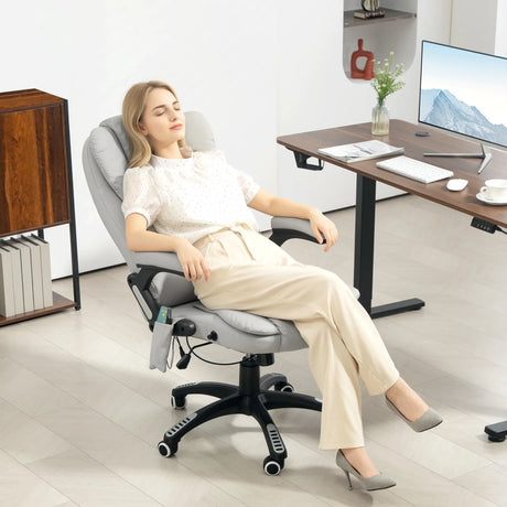HOMCOM 6-Point Massage Office Chair with Seat Heated for Home Office, PU Leather High Back Executive Desk Chair with Adjustable Height and 360 Swivel for Work Study, Light Grey