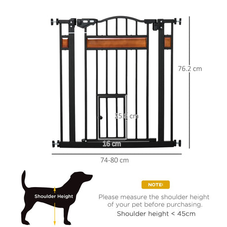 PawHut Pet Gate Safety Gate, with Cat Flap, Auto Close, for Staircases, Doorways, Hallways, 74-80cm Wide - Black