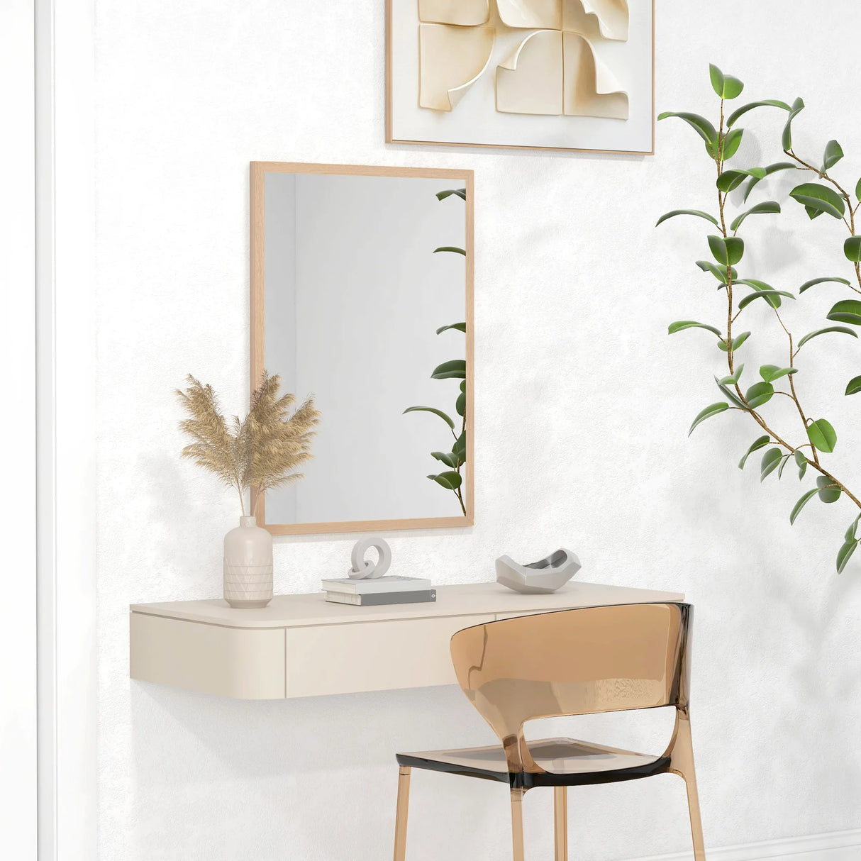 HOMCOM Wall Bathroom Mirror, 70 x 50 cm Wall-Mounted Mirror for Living Room, Bedroom, Hallway, Natural Wood