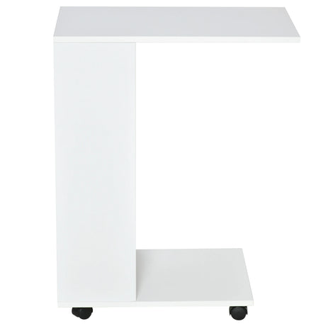 HOMCOM Mobile Sofa Side Table C-Shape End Table with Storage and Casters for Laptop Coffee Snack, White