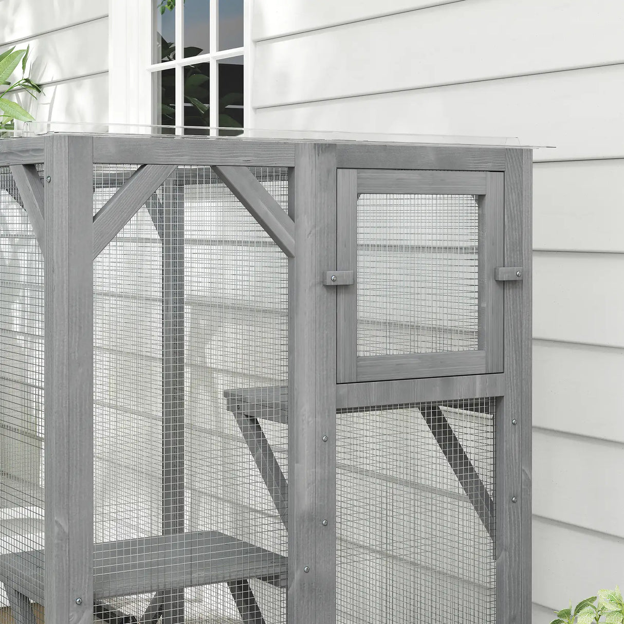 PawHut 71" Outdoor Wooden Cat House with Three Platforms, Large Door, Water-Resistant Roof, for Multiple Cats, Grey