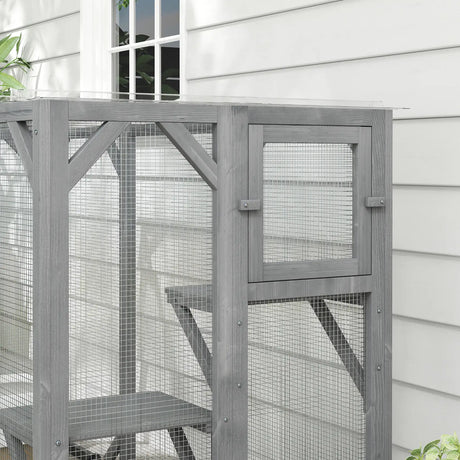 PawHut 71" Outdoor Wooden Cat House with Three Platforms, Large Door, Water-Resistant Roof, for Multiple Cats, Grey