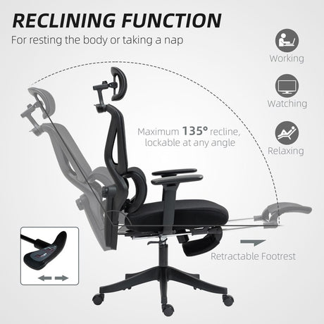 HOMCOM Executive Office Chair, Ergonomic Mesh Desk Chair with 3D Armrests, Rotatable Headrest, Adjustable Lumbar Support, Recliner Computer Swivel Chair with Footrest for Home Office, Black