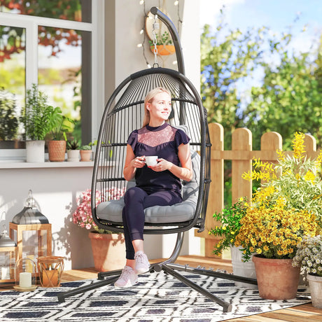Outsunny Rattan Hanging Egg Chair with Stand, Foldable Wicker Swing Egg Chair with Cushion, Head Pillow, Steel Frame, Hammock Chair for Indoor Outdoor, Capacity 150 kg, Dark Grey