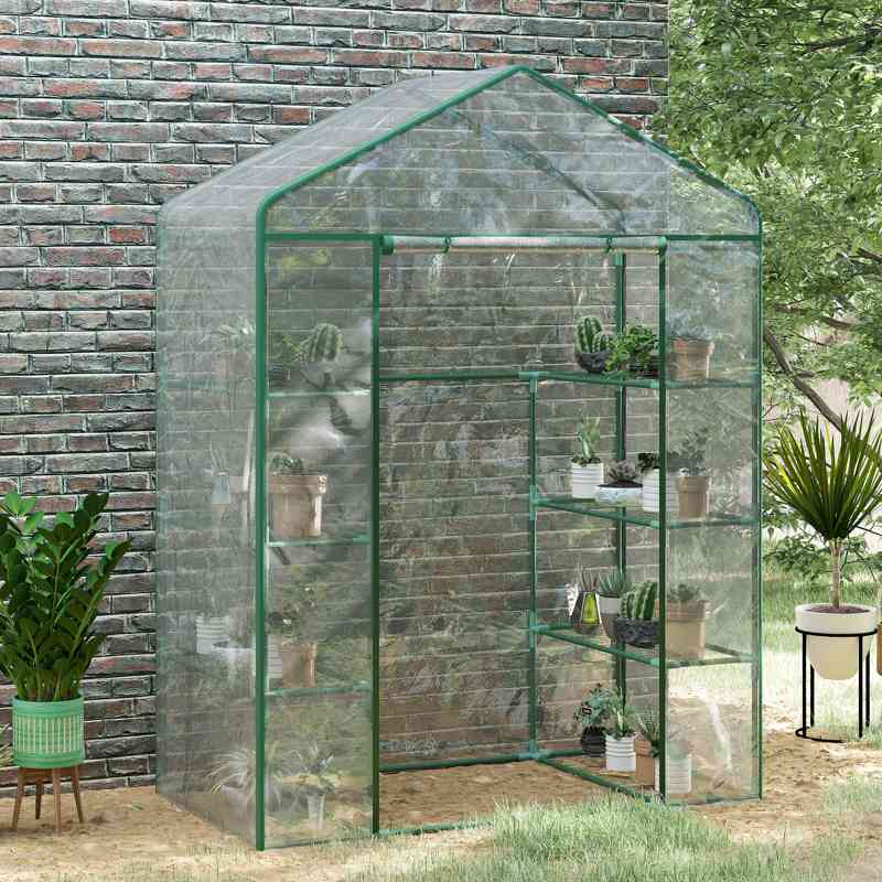 Outsunny Walk in Greenhouse with 4-Tier 8 Shelves, Green House with Hemmed Cover, Roll-up Zipped Door, Steel Frame, 143 x 73 x 195cm