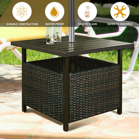 Rattan Coffee Table with Umbrella Hole & Metal Tabletop for Outdoor