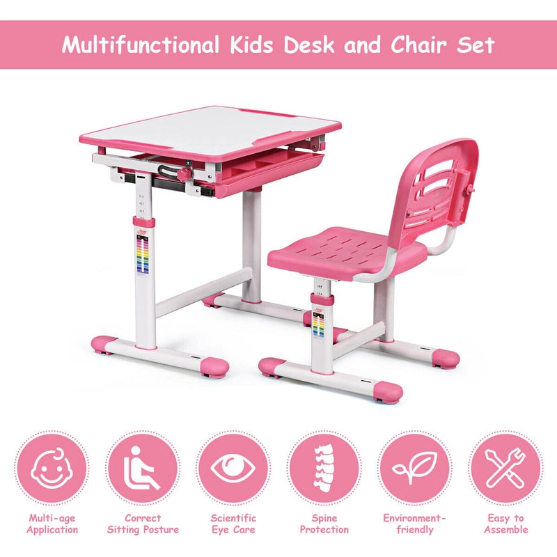 Height Adjustable Childrens Desk Chair Set -Pink