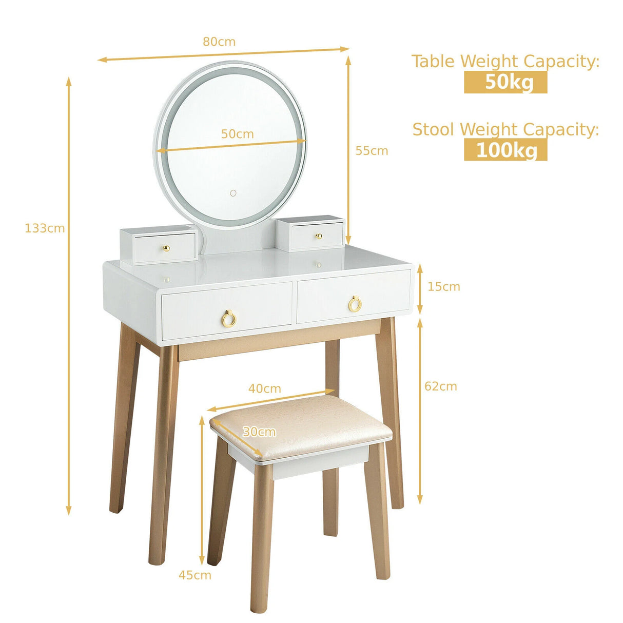 Modern Dressing Table with LED Mirror &amp; Cushioned Stool-White