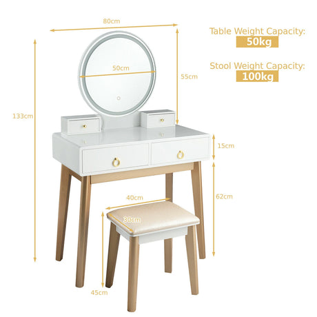 Modern Dressing Table with LED Mirror &amp; Cushioned Stool-White