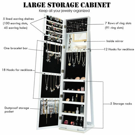 Free Standing Jewelry Armoire with Full Length Mirror for Bedroom