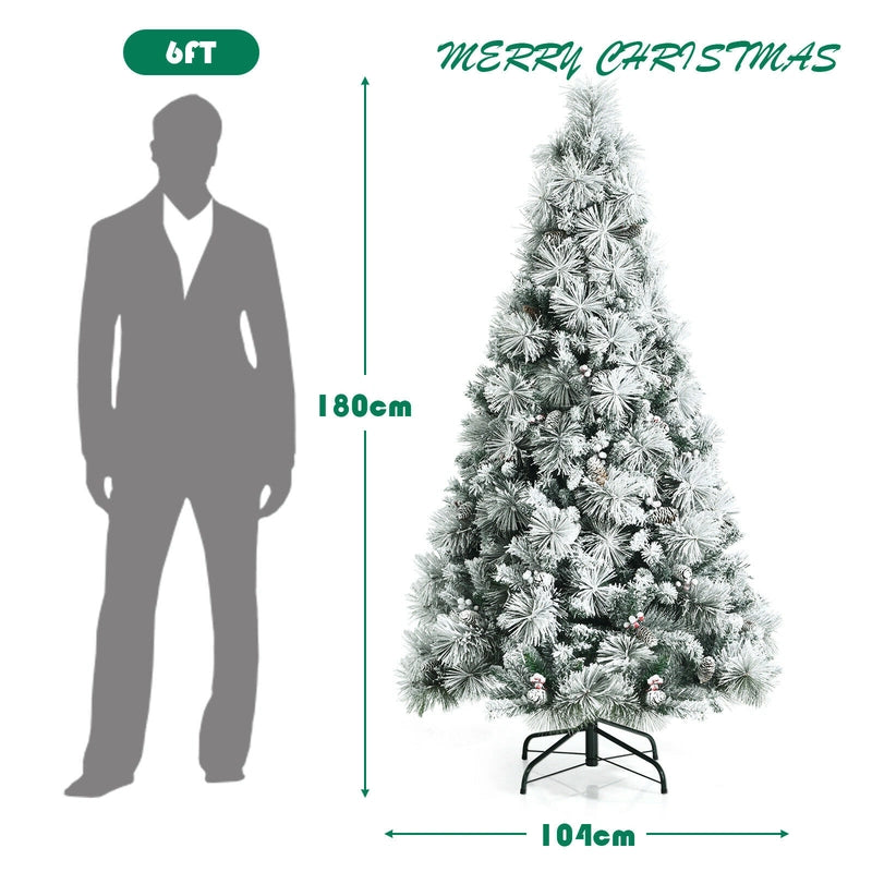 6 Feet Snow Flocked Christmas Tree with Pine Cone and Red Berries