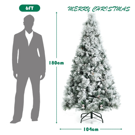 6 Feet Snow Flocked Christmas Tree with Pine Cone and Red Berries