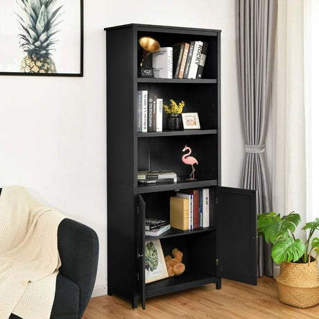 3-Shelf Bookcase with Double Doors &amp; Adjustable Shelves &amp; Cabinet-Black