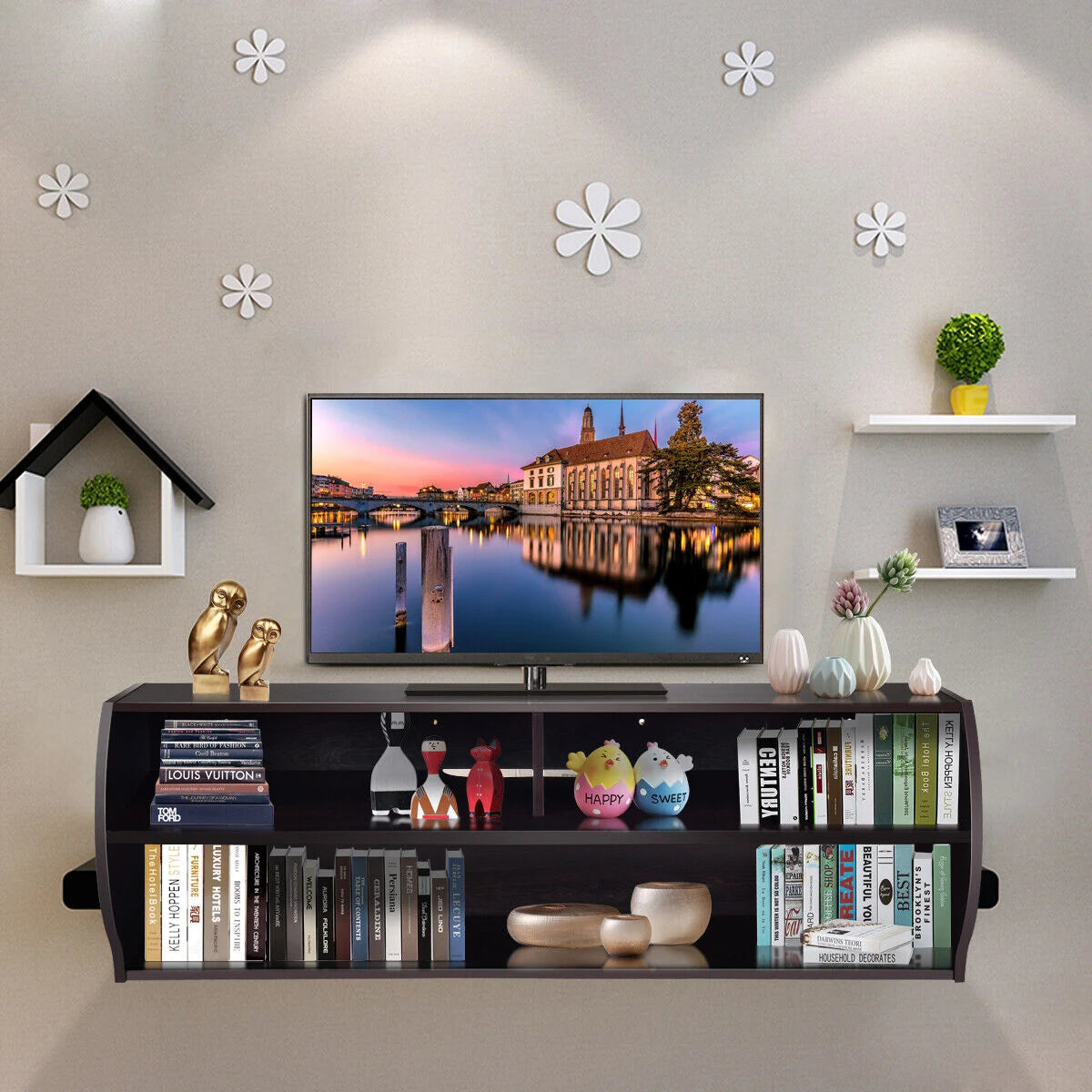 48.5 Inch 2 Tier Modern Wall Mounted Hanging Floating Shelf-Brown