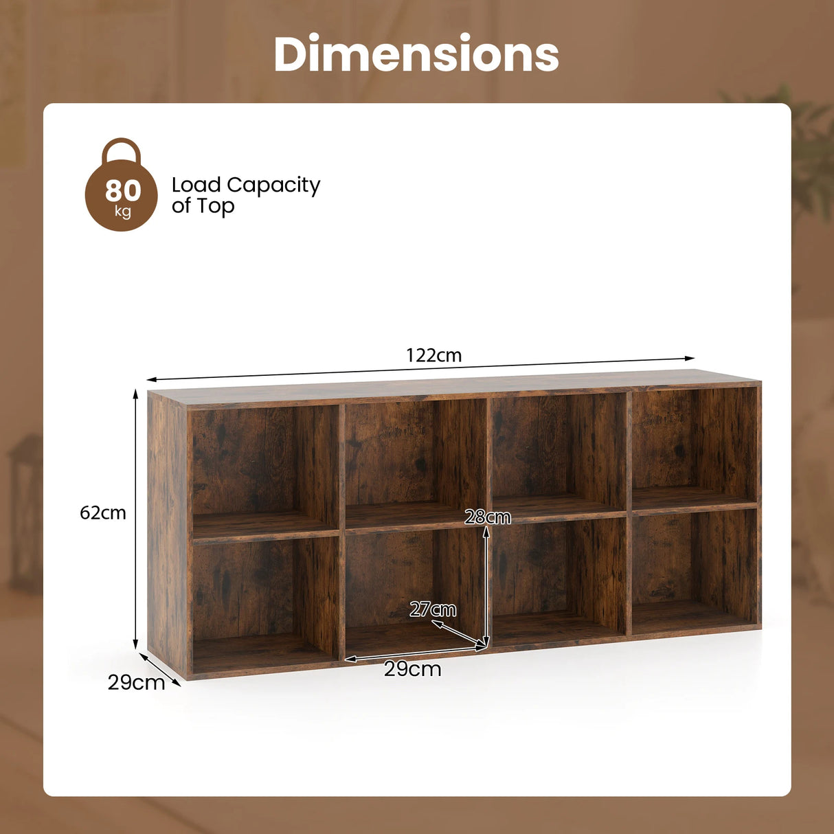 8-Cube Bookcase Bookshelf with 2 Anti-Tipping Kits-Rustic Brown