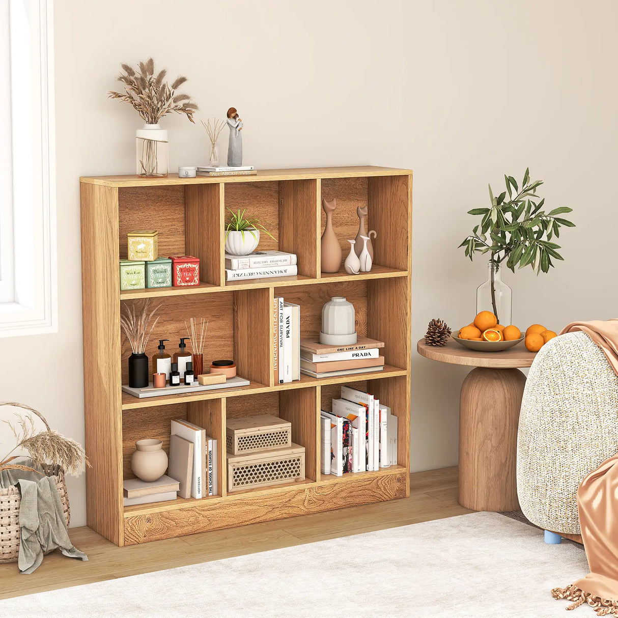 8-Cube Bookshelf with 2 Anti-Tipping Kits and Display Shelf for Home-Natural