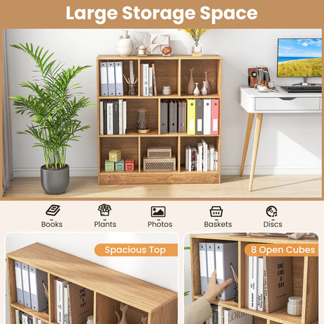 8-Cube Bookshelf with 2 Anti-Tipping Kits and Display Shelf for Home-Natural