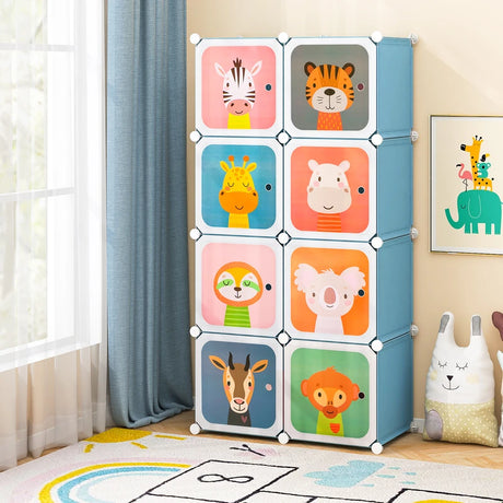 8-Cube Kids Wardrobe Closet with Clothes Hanging Section and Doors-Blue