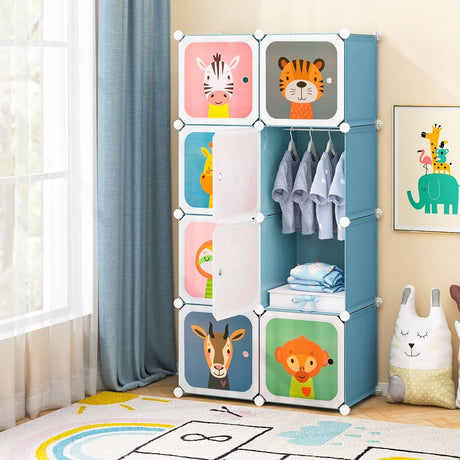 8-Cube Kids Wardrobe Closet with Clothes Hanging Section and Doors-Blue
