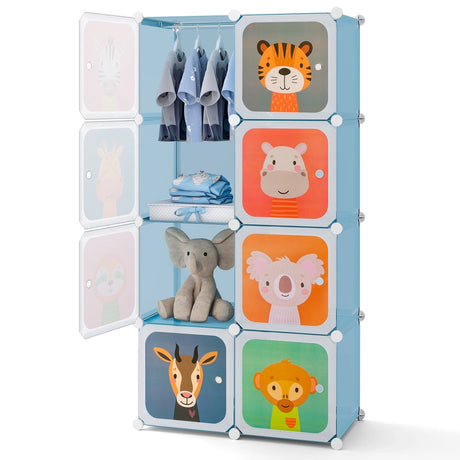 8-Cube Kids Wardrobe Closet with Clothes Hanging Section and Doors-Blue