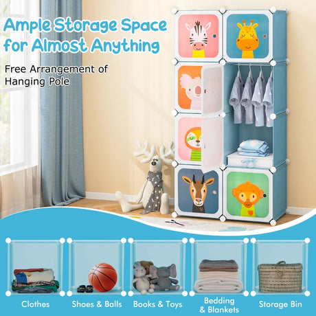 8-Cube Kids Wardrobe Closet with Clothes Hanging Section and Doors-Blue
