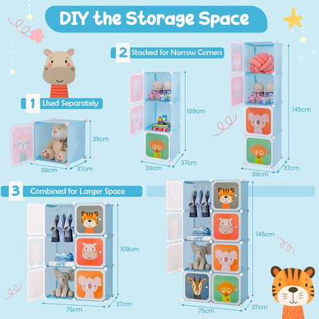 8-Cube Kids Wardrobe Closet with Clothes Hanging Section and Doors-Blue