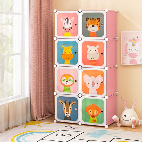 8-Cube Kids Wardrobe Closet with Clothes Hanging Section and Doors-Pink