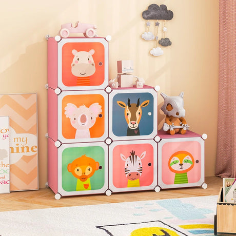 8-Cube Kids Wardrobe Closet with Clothes Hanging Section and Doors-Pink