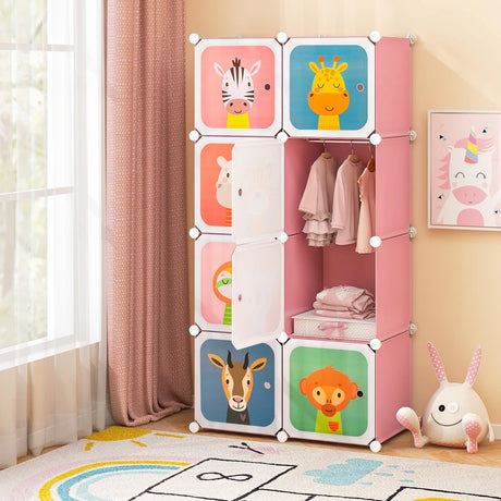 8-Cube Kids Wardrobe Closet with Clothes Hanging Section and Doors-Pink
