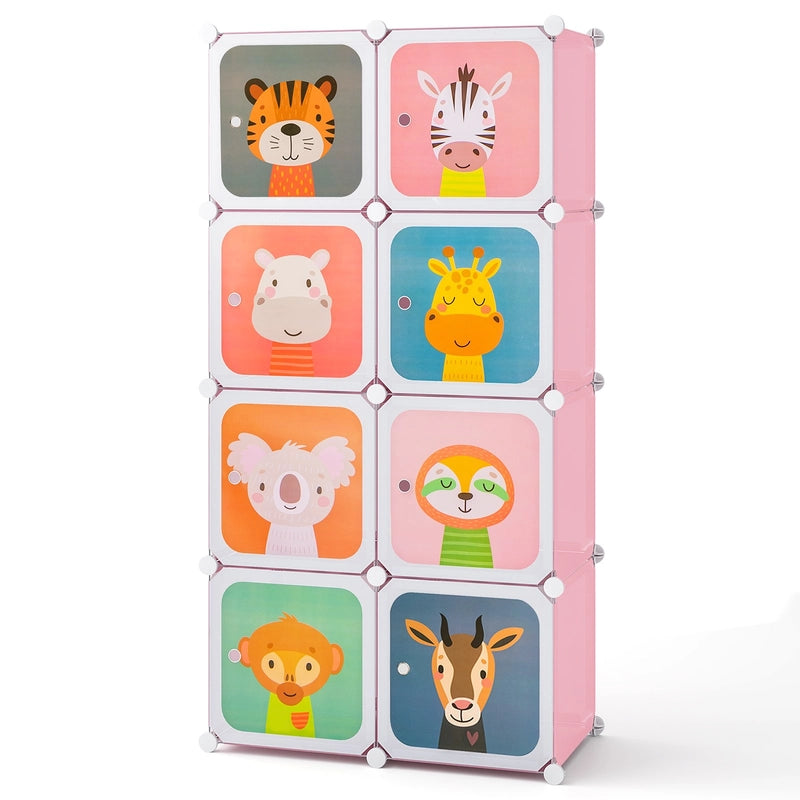 8-Cube Kids Wardrobe Closet with Clothes Hanging Section and Doors-Pink
