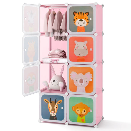8-Cube Kids Wardrobe Closet with Clothes Hanging Section and Doors-Pink