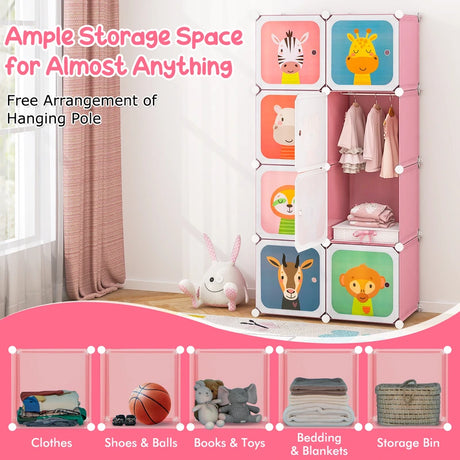 8-Cube Kids Wardrobe Closet with Clothes Hanging Section and Doors-Pink