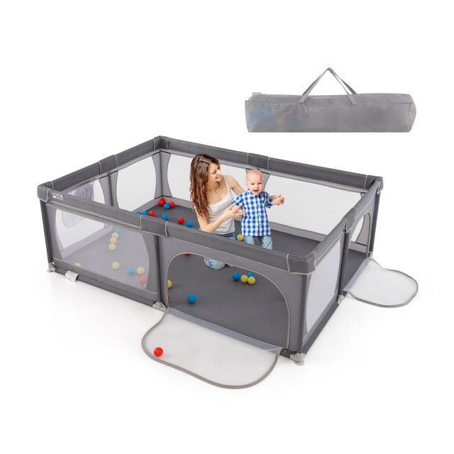 8-Panel Baby Playpen with Zipper Door and Storage Bag-Grey