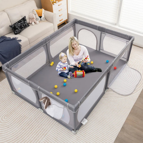 8-Panel Baby Playpen with Zipper Door and Storage Bag-Grey
